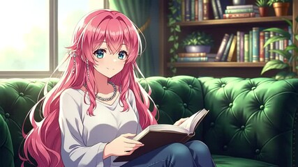 Anime Girl Reading a Book in a Cozy Library Setting - Powered by Adobe