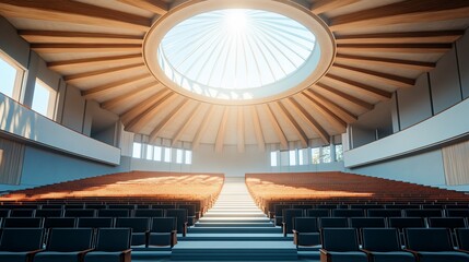 Radiant dome illuminating empty auditorium with architectural grandeur