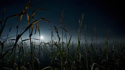 Obraz premium A tense, atmospheric photo taken from deep within a cornfield at night, filled with a thick, rolling ground fog. 