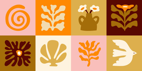 Vector shapes in simple floral wavy and groovy naive style, ocean and vacation theme, flowers and plants, floral botanic hand drawn design templates, modern art prints, surface design