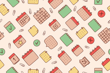Colorful bright Seamless pattern of calendar planner icons. Reminder event signs. Calendar notification icon. Business plan schedule. Vector. Vector illustration