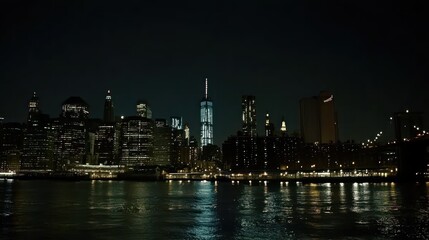 Nighttime Manhattan skyline, river reflection, city lights, urban landscape,  brochure design