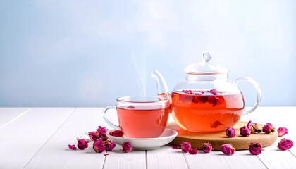 Transparent teapot and cup filled with rose herbal tea, steam rising gently with dried rose buds around