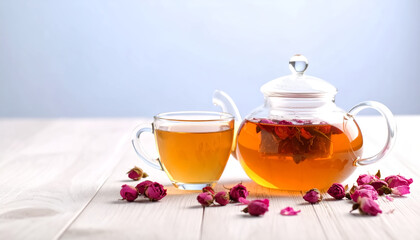 Transparent teapot and cup filled with rose herbal tea, steam rising gently with dried rose buds around