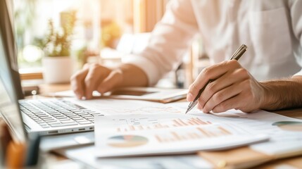 Person analyzing data and financial reports with a laptop in a well-lit office setting during the afternoon
