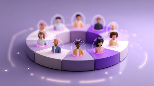 A diverse team is represented on a segmented chart, visualizing inclusion and various market shares within a collaborative, modern organization.