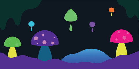 Enchanted Rainbow Mushroom Forest A whimsical digital illustration of colorful fungi and glowing droplets in a dark, magical landscape.