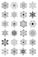 Morning Yoga for Fat belly A detailed collection of 30 unique snowflake icons in black and white, arranged in a grid on a clean white background. Each snowflake showcases a different geometric