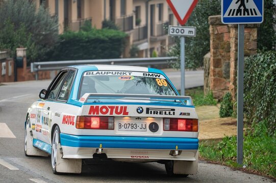 BMW M3 E30 rally car in action at KH7 Costa Brava Rally, Spanish Historic Rally Championship