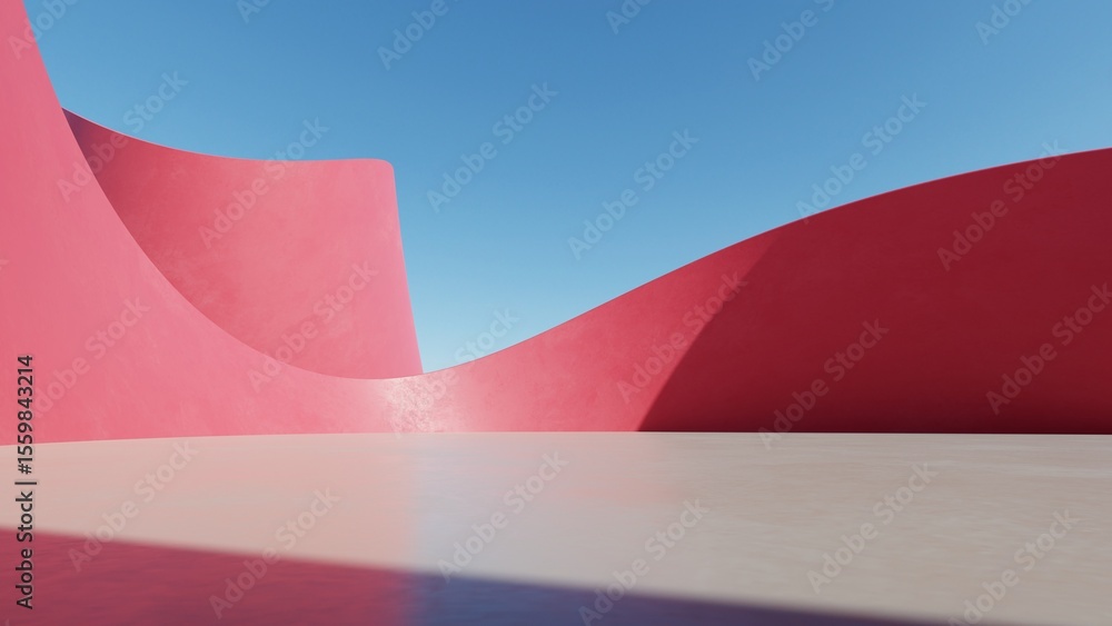 Poster abstract red curved architecture background, empty wavy dynamic building space with empty concrete f
