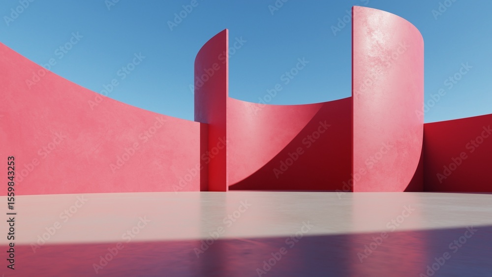Poster abstract red curved architecture background, empty wavy dynamic building space with empty concrete f