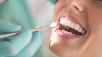 Dental checkup in progress with a patient smiling and a dentist examining teeth using an instrument in a well-lit clinic