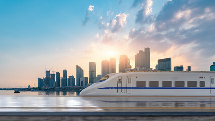Modern High-Speed Train in a Cityscape