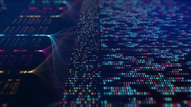 Neural Network Big Data Flow Visualization, Binary Code Matrix, AI Machine Learning Abstract Background, Quantum Computing, Cyber Security, Futuristic Technology Artificial Intelligence Digital Grid