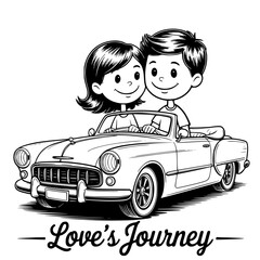 Romantic couple driving a car together, love journey on the road illustration, hand-drawn sweethearts traveling side by side, perfect for wedding and travel-themed vector designs