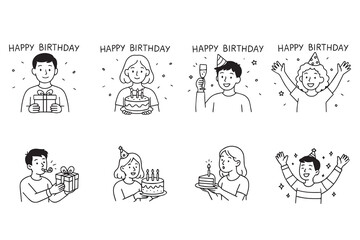 Set of happy people having fun at birthday party, doodle style illustration. Collection of smiling festive young men and women. Vector