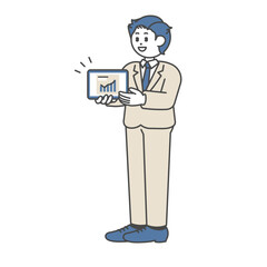 タブレットを使って説明しているスーツ姿の男性