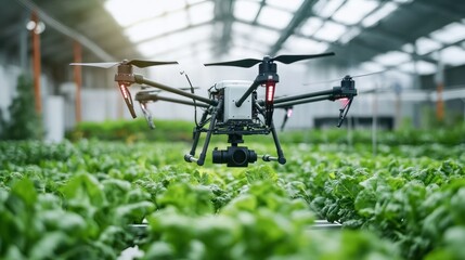 Drone inspecting hydroponic lettuce in greenhouse