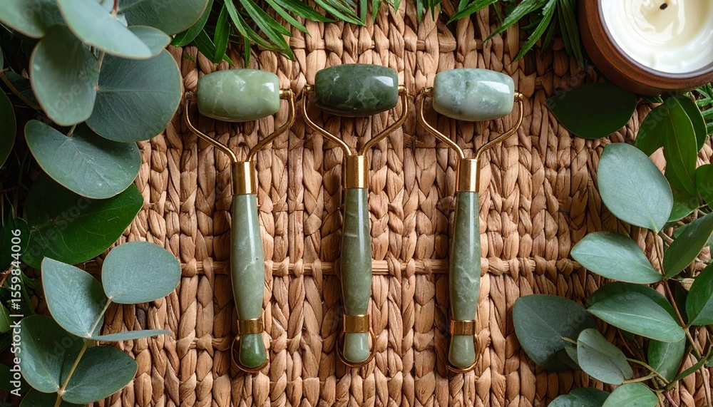 Poster elegant table setup with candle, holder, and green leaves in a dynamic flat lay display