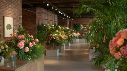 A beautifully arranged floral shop with vibrant bouquets of roses and greenery displayed in a modern, open space.