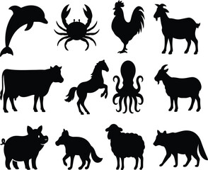 Domestic & Aquatic Animal Silhouettes – A Unified Icon Display