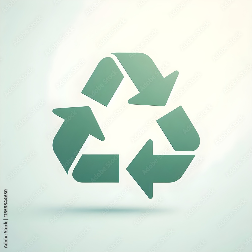Poster flat green recycling symbol with three curved arrows forming a continuous loop placed on soft white 