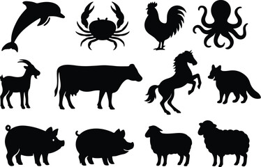 Naklejka premium Farm & Sea Animal Silhouettes – A Unified Icon Set