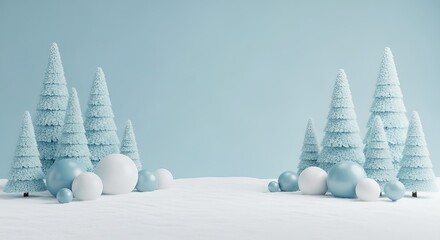 Wintery scene shows frosted trees and decorative spheres in shades of white and pale blue hues.