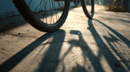 Bicycle wheel casting detailed shadows on a lit urban sidewalk