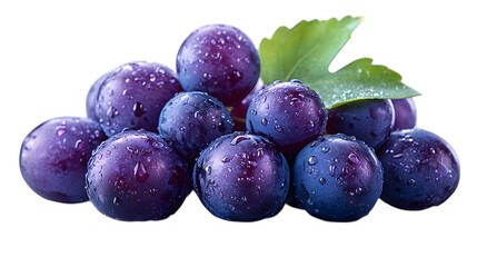 Fresh purple grapes with water droplets on transparent background