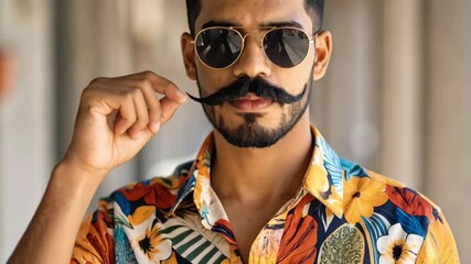 Young man with a large mustache wearing sunglasses and a colorful shirt, holding the tips of his mustache looking into camera.