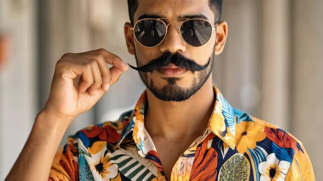 Young man with a large mustache wearing sunglasses and a colorful shirt, holding the tips of his mustache looking into camera.