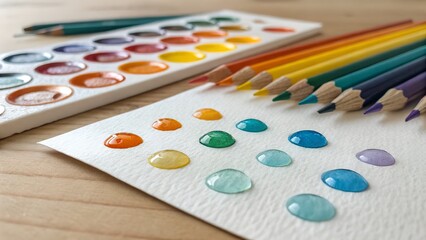 Naklejka premium Vibrant Watercolor Art Supplies: Paint Palette, Colored Pencils, and Colorful Water Drops on Paper