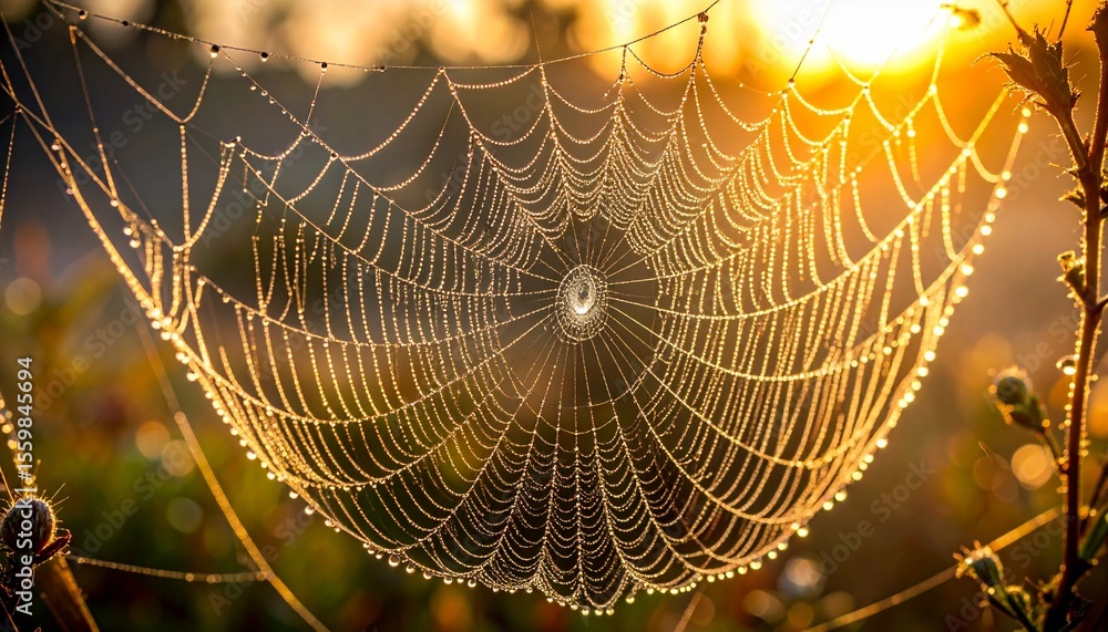 Poster ethereal light illuminating a spider web adorned with dew drops in a field at dawn
