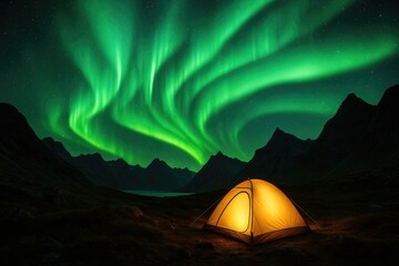 Glowing tent under vivid green aurora borealis sky northern lights green sky