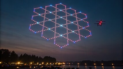 Drones create a mesmerizing light display in a geometric pattern at dusk.