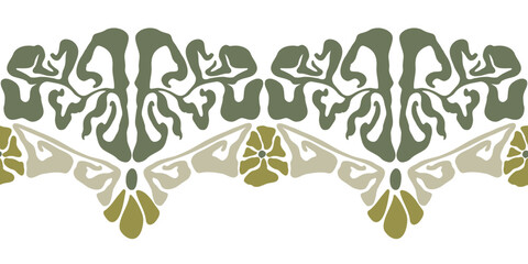 Art Nouveau pattern. Groovy Floral seamless border in Matisse vibes. Trendy Naive Floral Vector Background in 1970s. Can be used for Print on fabric, wrapping paper, wallpaper.