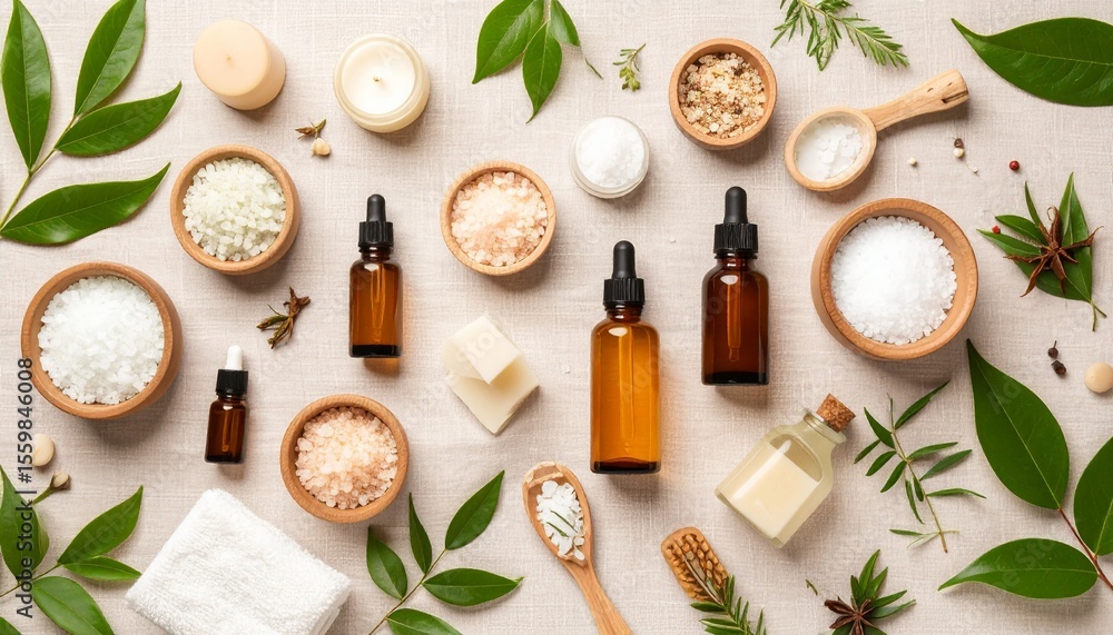 Aufkleber varied selection of essential oils and natural ingredients in a dynamic flat lay display