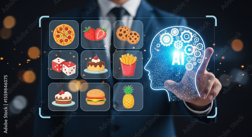 Poster A man in a suit interacting with an ai interface displaying food icons and a head silhouette
