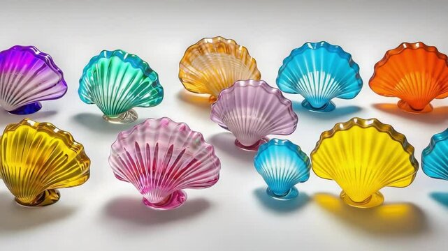 A vibrant collection of decorative glass shells in various colors and designs, arranged in a pleasing display.