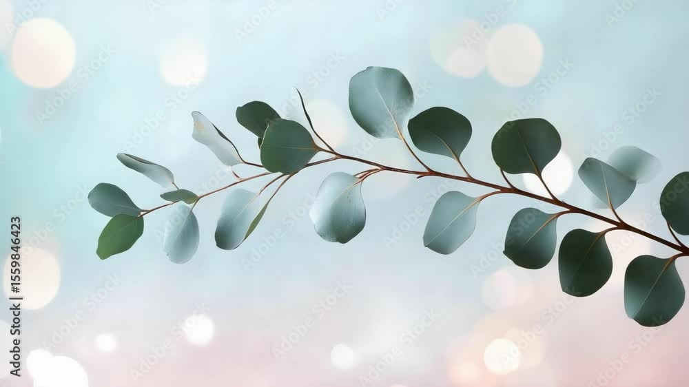 Poster a branch with green leaves against a softly blurred background of light colors and bokeh effects.