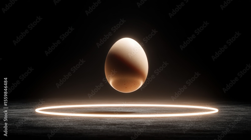 Poster floating egg illuminated in glowing circle on dark minimal background