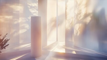 Serene Light and Shadow: Minimalist Composition with Cylindrical Forms and Botanical Silhouettes.