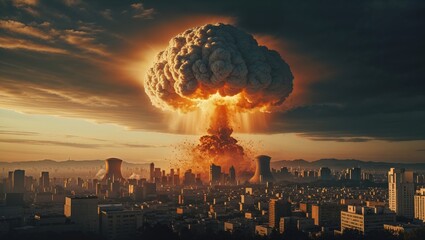 Dramatic nuclear explosion over a city, showcasing the devastating effects of atomic war.