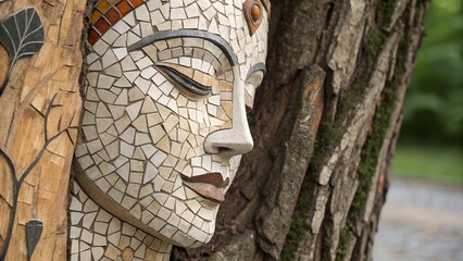 Obraz premium Artistic Mosaic Face Sculpture on Tree Trunk