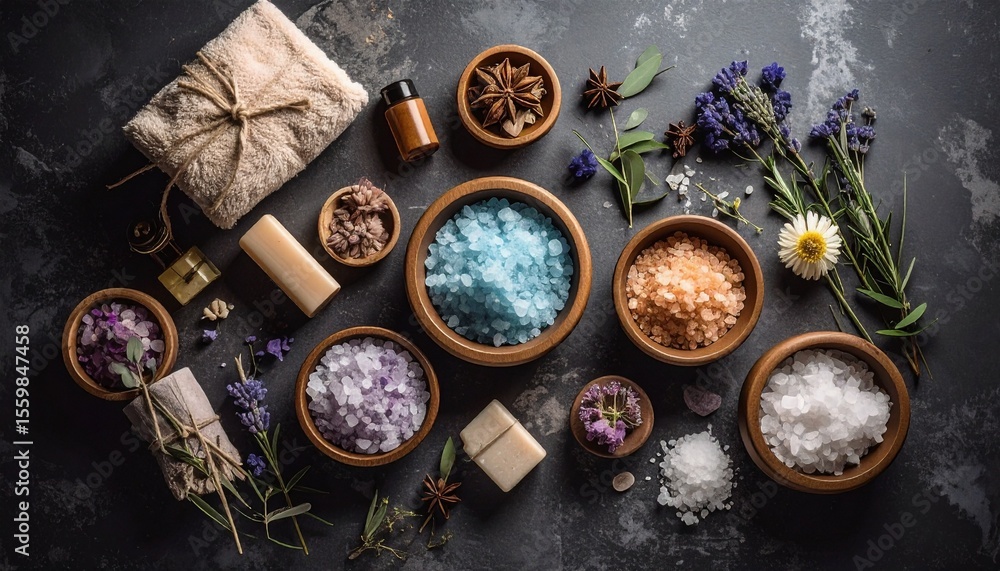 Poster assorted natural bath salts in various textures and colors on a stone background display