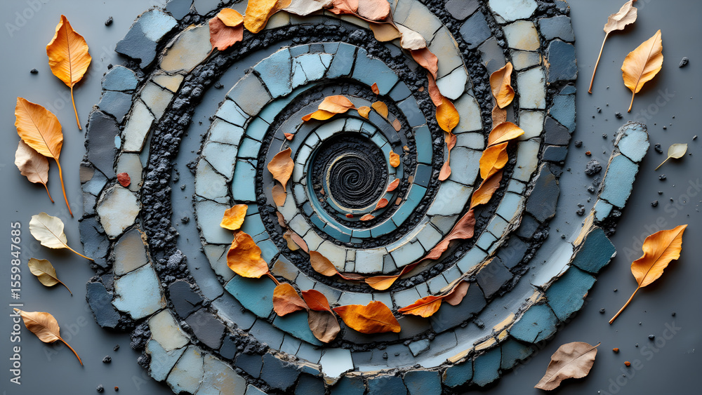 Poster fragmented ash & botanical debris spiral in subtle relief. slate light, textured surface. abstract p
