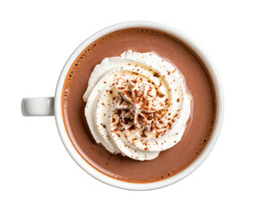A delightful top-down view of a rich hot chocolate topped with fluffy whipped cream and a sprinkle of cocoa powder.