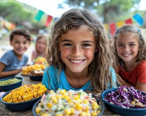 Happy children enjoying a meal outdoors