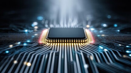 Programmable chip for atomic and compact logic concept. Close-up of a microchip on a circuit board with glowing lights.